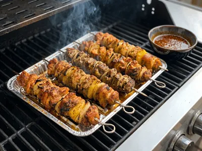 Grilování šašliku na plynovém grilu.