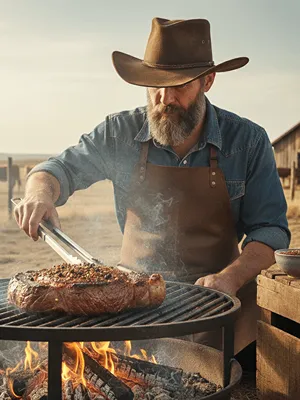 Kovboj griluje steak s kořením Desperado.