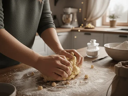 Krok 1: Žena ručně zpracovává těsto na kuchyňské lince.