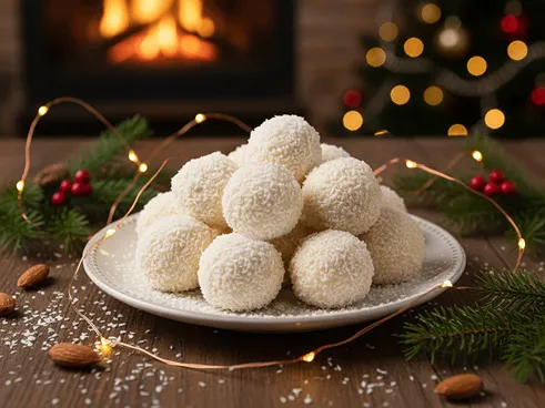 Kokosové nepečené kuličky obalené v bílém kokosu.