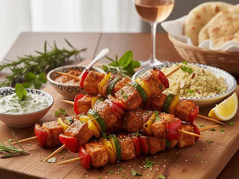 Kuřecí špízy marinované v koření harissa.