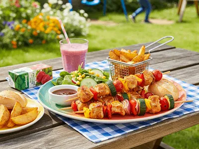 Dětské jídlo: špízy s kořením bejby gril brambory a salát.