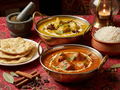 Indická jídla Chicken Korma a Butter Chicken.