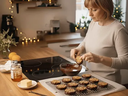 Krok 4- Žena namáčí upečené marokánky do rozpuštěné čokolády