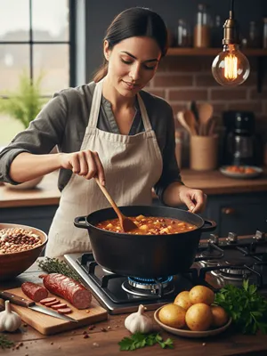 Žena vaří fazolovou polévku.