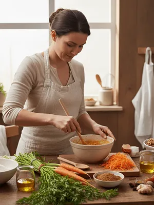 Žena míchá těsto na mrkvový dort.