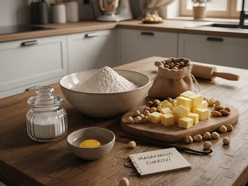 Ingredience na Masarykovo cukroví rozložené na stole – máslo, cukr, vejce a lískové ořechy.