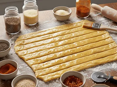 Listové těsto nachystané na tyčinky.