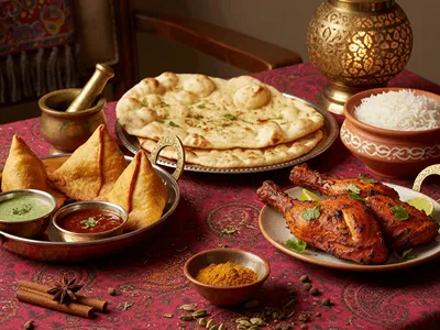 Indická jídla Samosas a Tandoori Chicken s kořením Garam Masala.