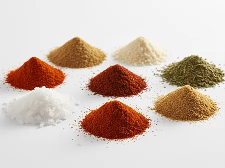 Různé druhy mletého koření nasypané do malých hromádek na bílém podkladu – paprika, sůl, pepř, římský kmín, rozmarýn a další barevné směsi.