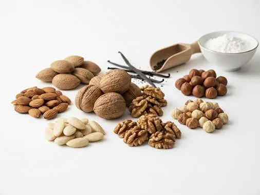 Přehled ořechů pro vanilkové rohlíčky, vlašské, lískové a mandle.