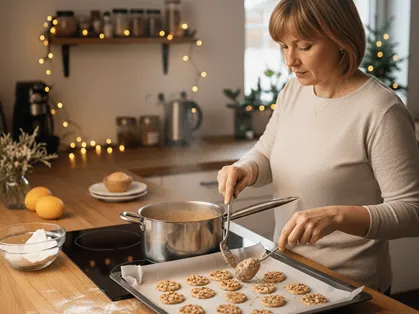 Krok 2- Žena tvaruje porce těsta na marokánky a rovná je na plech.