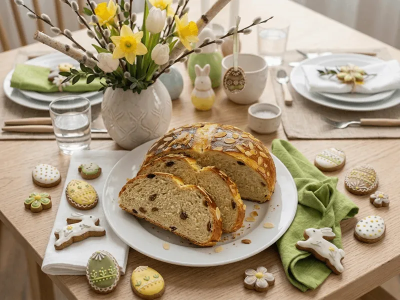 Rozkrojený mazanec na velikonočním stole.