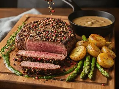 Steak s barevným pepřem.