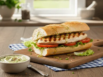 Bageta s kuřecím masem a bylinkovým máslem.