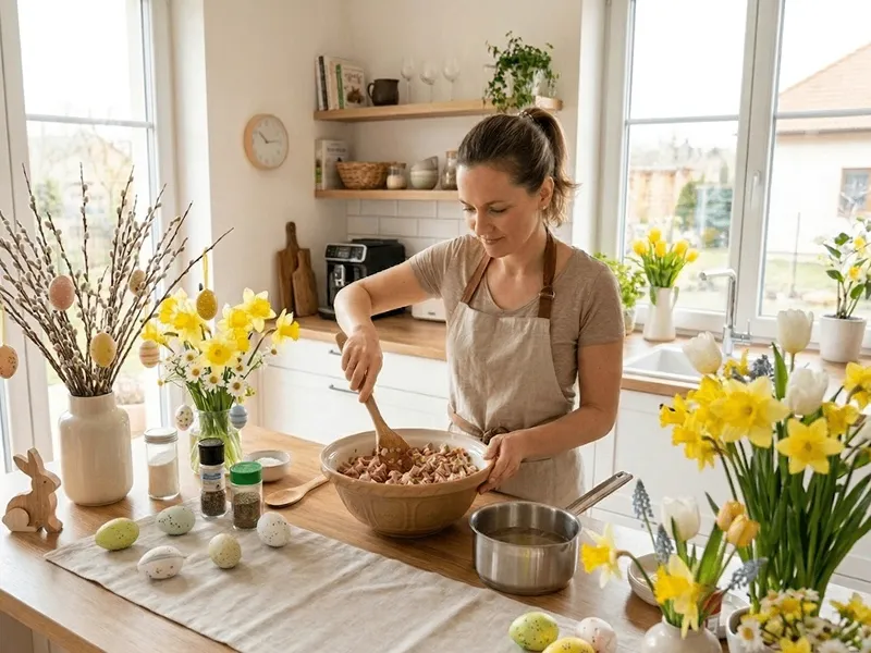 žena míchá ingredience a připravuje vaječnou tlačenku