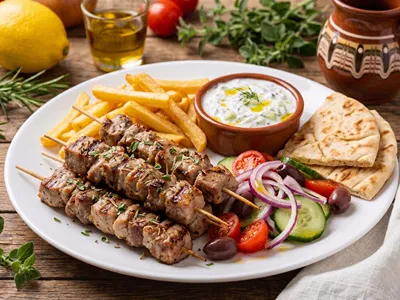 Řecké souvlaki s přílohou s kořenící směsí gyros.