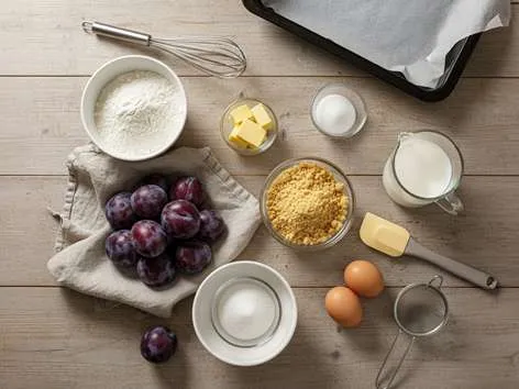 Ingredience na švestkový koláč: čerstvé švestky, mouka, máslo, cukr a skořice připravené na domácí pečení.