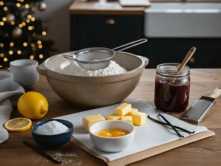 Suroviny na linecké cukroví rozložené na stole – mouka, máslo, cukr a žloutky.