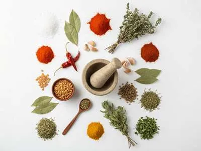 Koření a bylinky ve směsi Adžika pro její chuť a vůni.