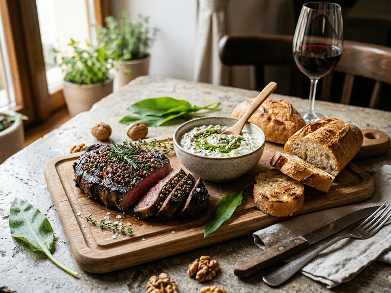 Steak s dipem z domácího pesta z medvědího česneku.