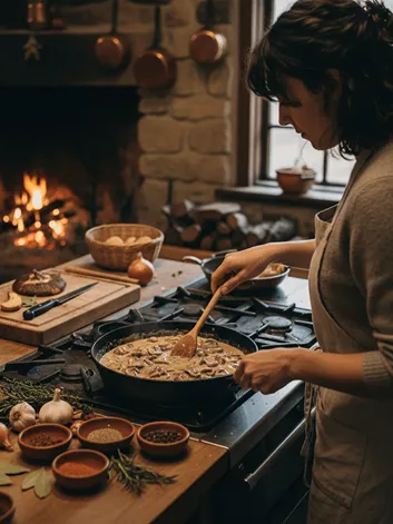 žena vaří houbovou omačku