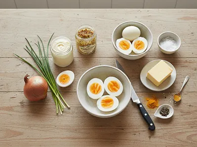 Suroviny na vajíčkovou pomazánku: vejce, majonéza, hořčice a čerstvé bylinky.