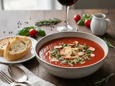 Plátkový česnek jako ozdoba rajské polévky.