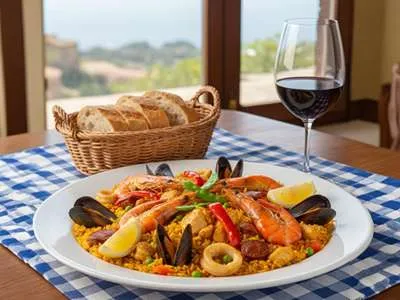 Paella naservírovaná na talíři.