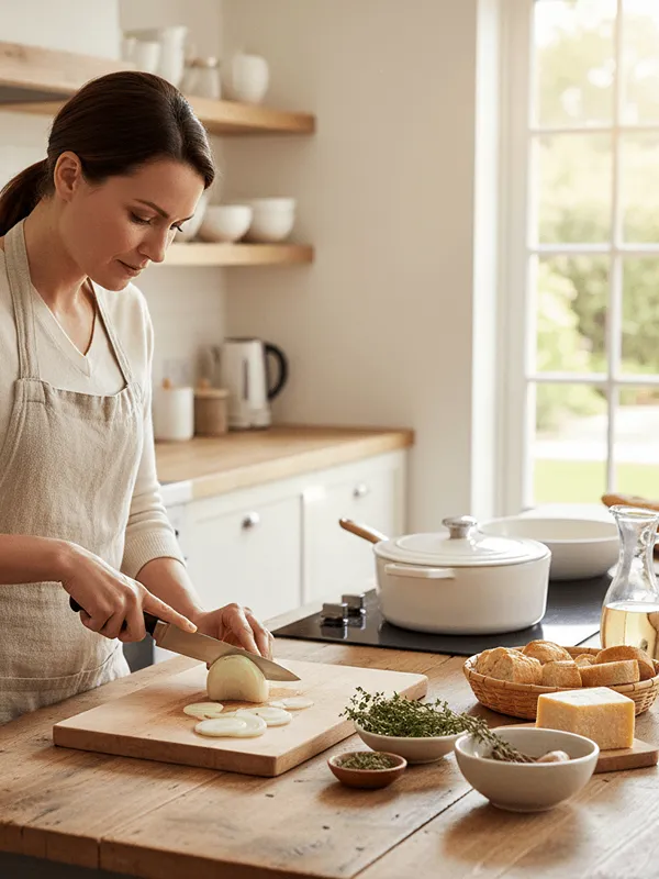 Žena krájí cibuli na cibulačku.