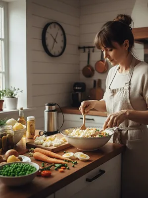 Domácí příprava bramborového salátu, žena míchá ingredience v kuchyni.
