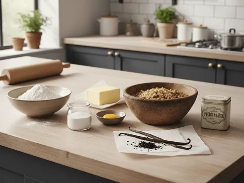 Suroviny na přípravu vanilkových rohlíčků, včetně mouky, másla, vanilky a mletých ořechů.