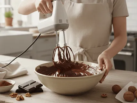 Žena šlehá pařížský krém v míse při přípravě Pařížských rohlíčků.