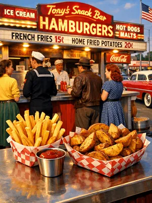 Americký Fast Food s hranolkami a Americkými bramborami z 50. let.