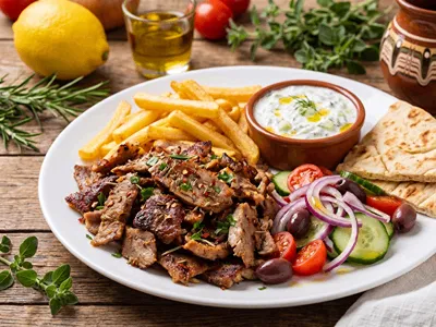 Gyros s přílohou a tzatziky dipem.