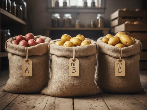 Různé druhy brambor podle varného typu, vhodné na salát, bramborovou kaši a pečené brambory.