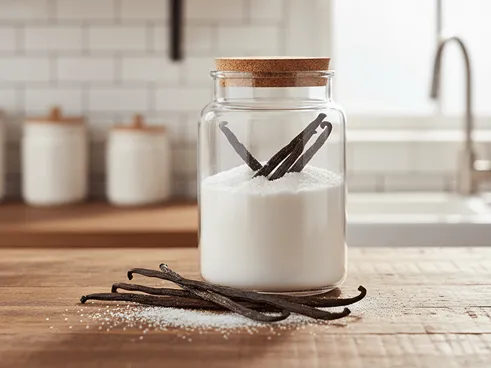 Vanilkové lusky uložené v cukru v dóze, příprava domácího vanilkového cukru.