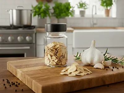 Plátky česneku uskladněné v kořence.