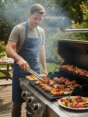 Muž griluje maso a zeleninu.