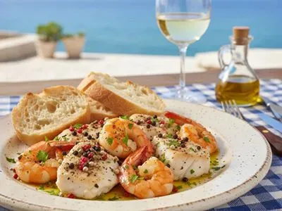 Ryba a krevety s barevným pepřem.