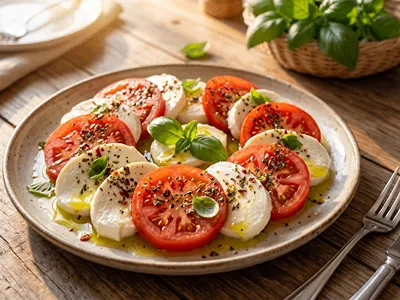 Kombinace rajčat, mozzarelly a olivového oleje s kořením Italia.